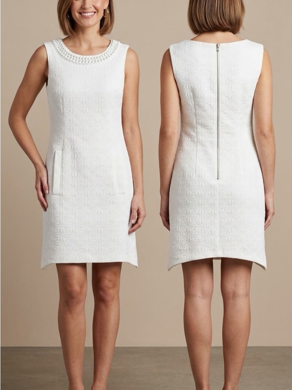 Sandra Darren White Sleeveless Embellished-Neck Shift Dress